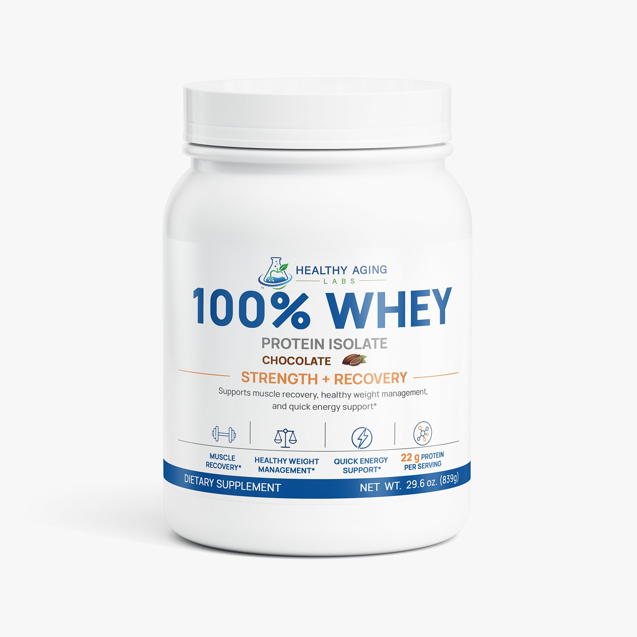 100% Whey Protein Isolate – Chocolate, 22g Protein, 839g | Healthy Aging Labs