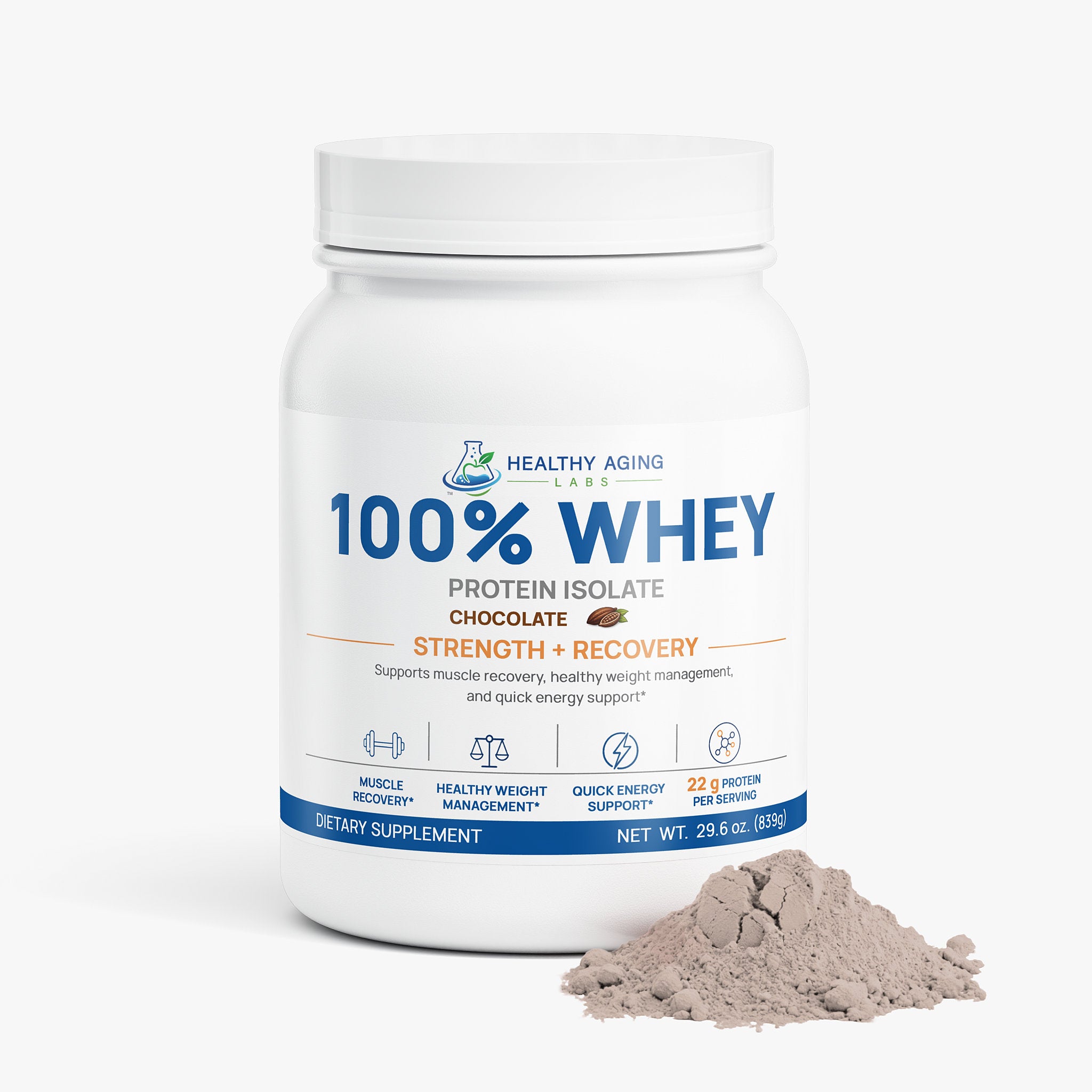 100% Whey Protein Isolate – Chocolate, 22g Protein, 839g | Healthy Aging Labs